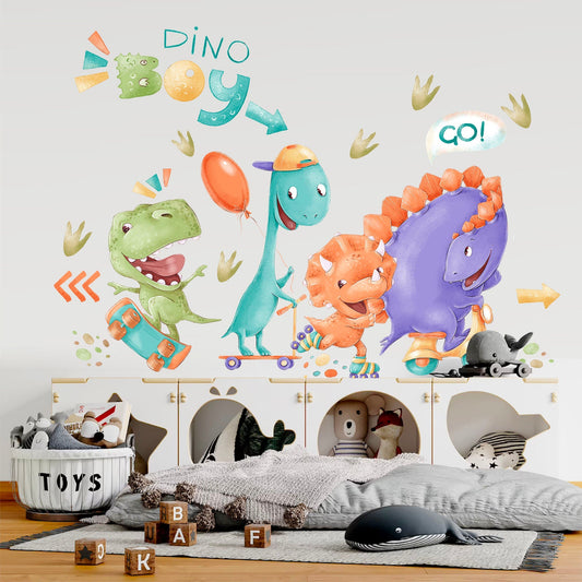 Watercolor Dinosaurs Riding Skateboards, Petals, Rollerblades, Mini Motorcycles Wall Decal - Boys Room Gift - BR164