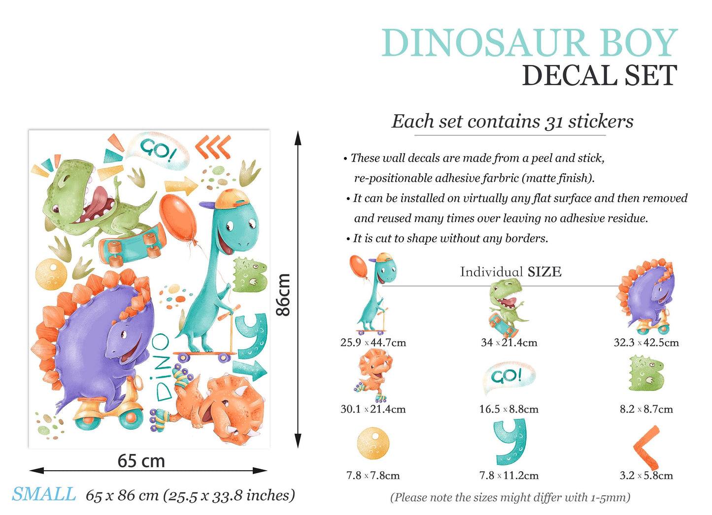 Watercolor Dinosaurs Riding Skateboards, Petals, Rollerblades, Mini Motorcycles Wall Decal - Boys Room Gift - BR164