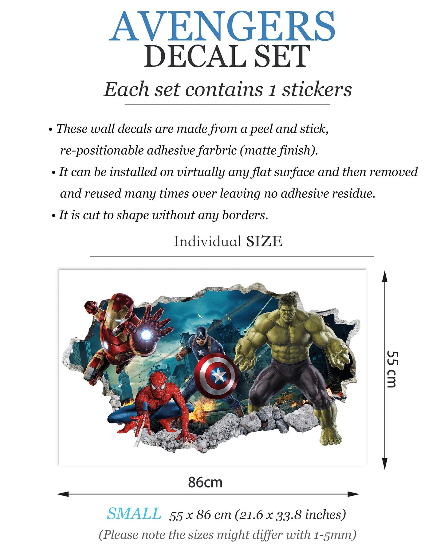 Avengers 3D Wall Decal Hulk Spiderman Iron Man Captain America Superheroes coming out 3D Smashed Wall Sticker