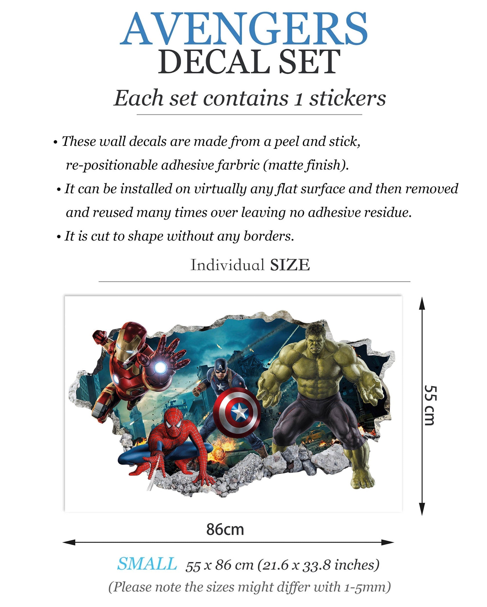 Avengers 3D Wall Decal Hulk Spiderman Iron Man Captain America Superheroes coming out 3D Smashed Wall Sticker