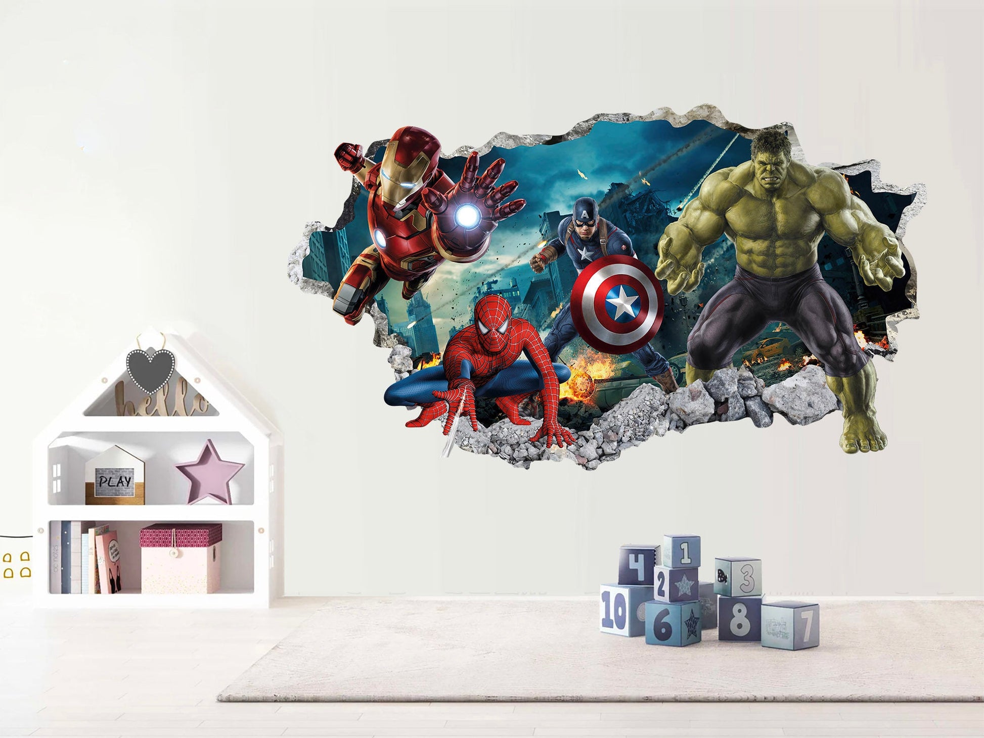 Avengers 3D Wall Decal Hulk Spiderman Iron Man Captain America Superheroes coming out 3D Smashed Wall Sticker