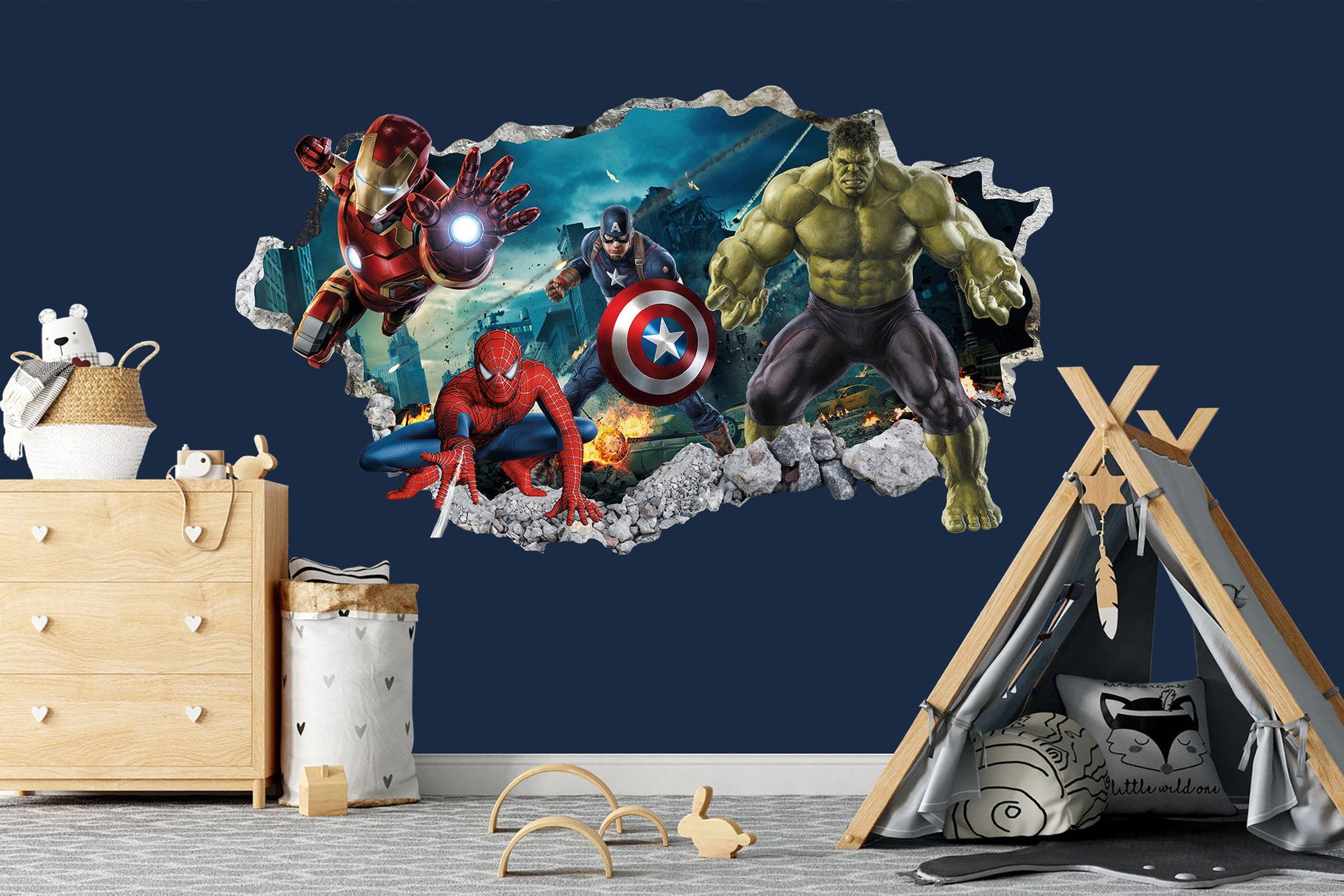 Avengers 3D Wall Decal Hulk Spiderman Iron Man Captain America Superheroes coming out 3D Smashed Wall Sticker