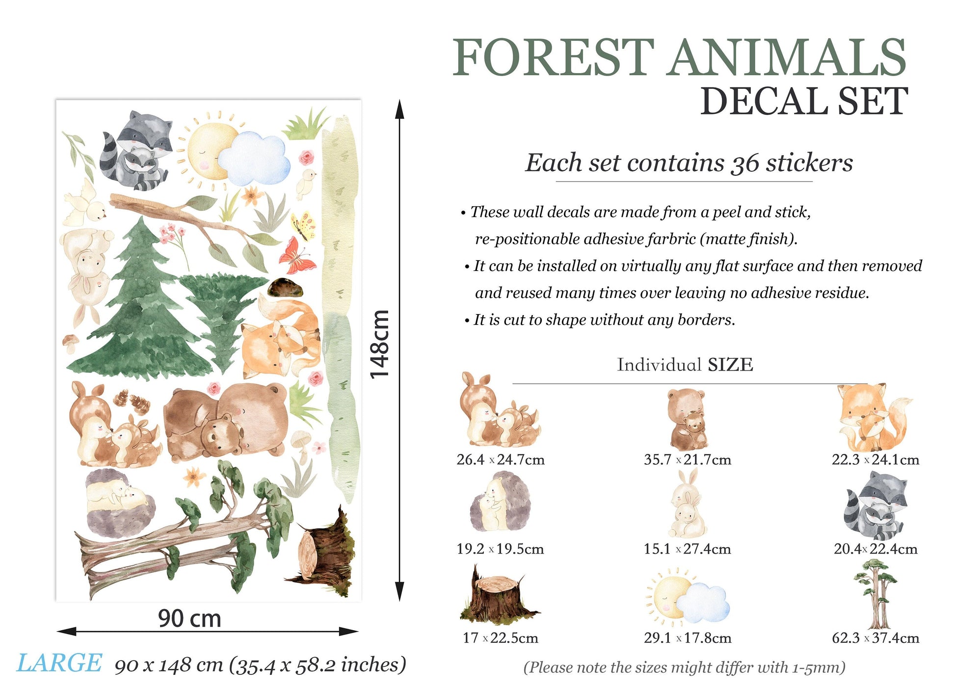 Forest Fun: Animal Moms and Babies Removable Nursery Wall Decal - Raccoon, Hedgehog, Rabbit, Fox - BR159