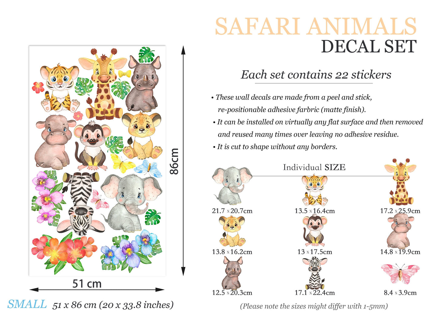 African Animal Babies Jungle Palm Wall Decal - Removable Peel and Stick - BR161