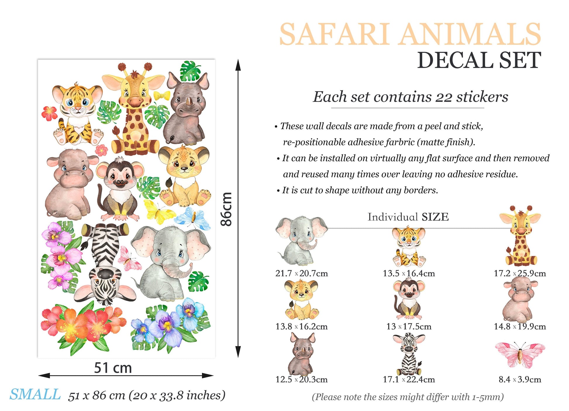 African Animal Babies Jungle Palm Wall Decal - Removable Peel and Stick - BR161