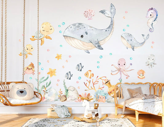 Ocean Babies Watercolor Wall Decal - Playful Sea Creatures for Girls' Room Decor - BR162