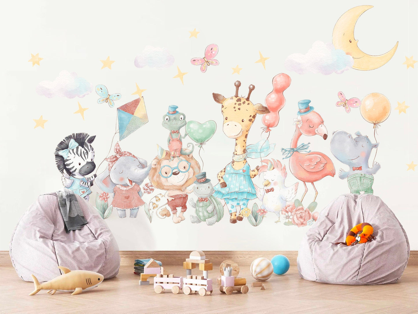 Animal Party Wall Decal - Giraffe, Elephant, Zebra with Balloons - Removable Peel and Stick - BR163