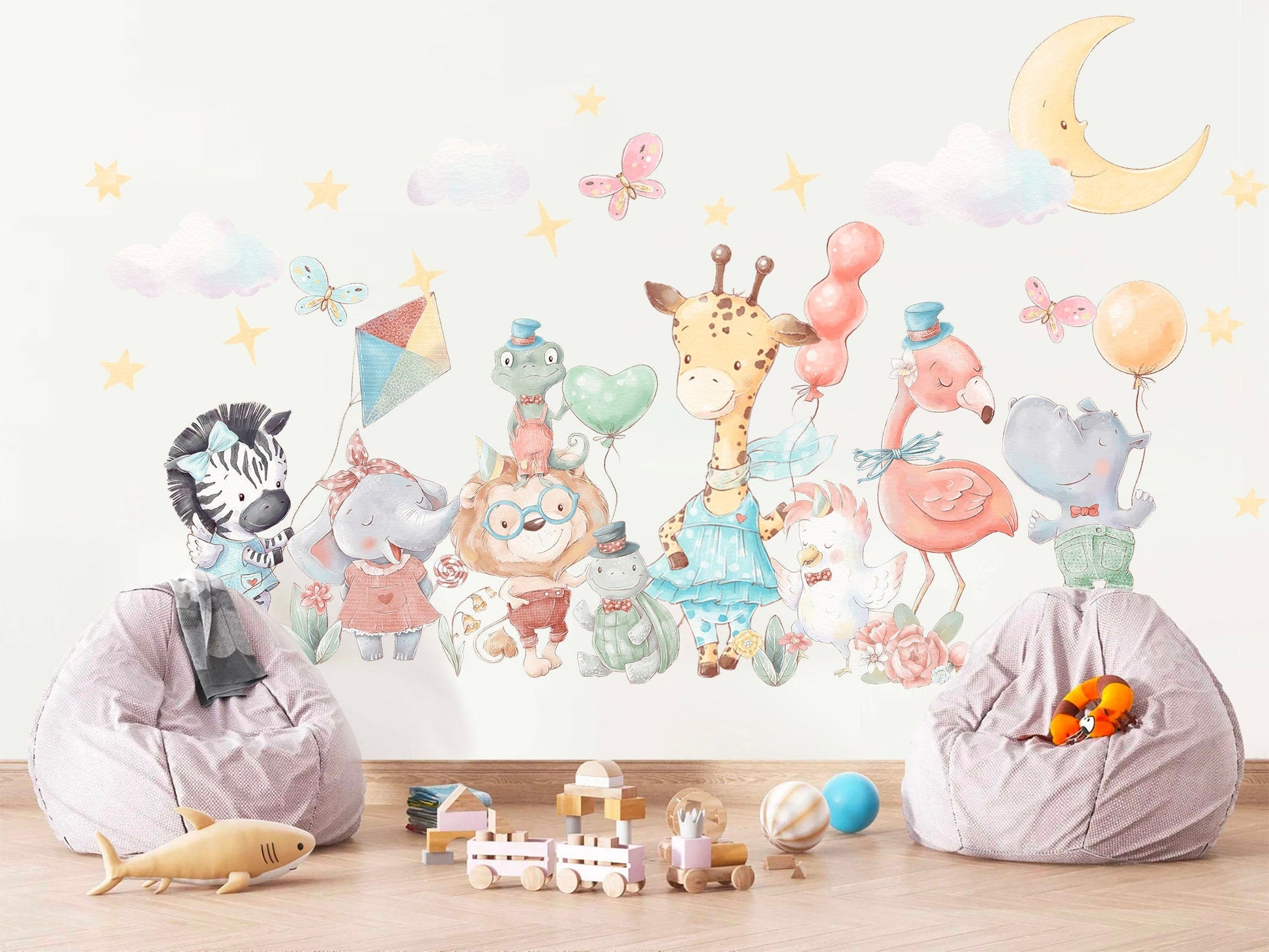 Animal Party Wall Decal - Giraffe, Elephant, Zebra with Balloons - Removable Peel and Stick - BR163
