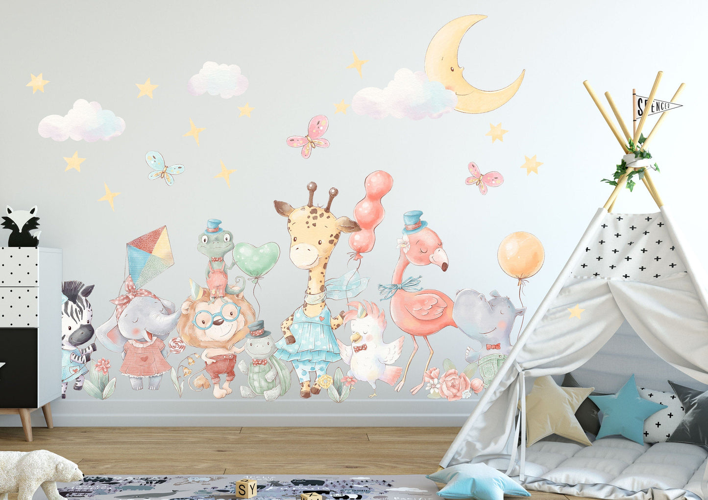 Animal Party Wall Decal - Giraffe, Elephant, Zebra with Balloons - Removable Peel and Stick - BR163
