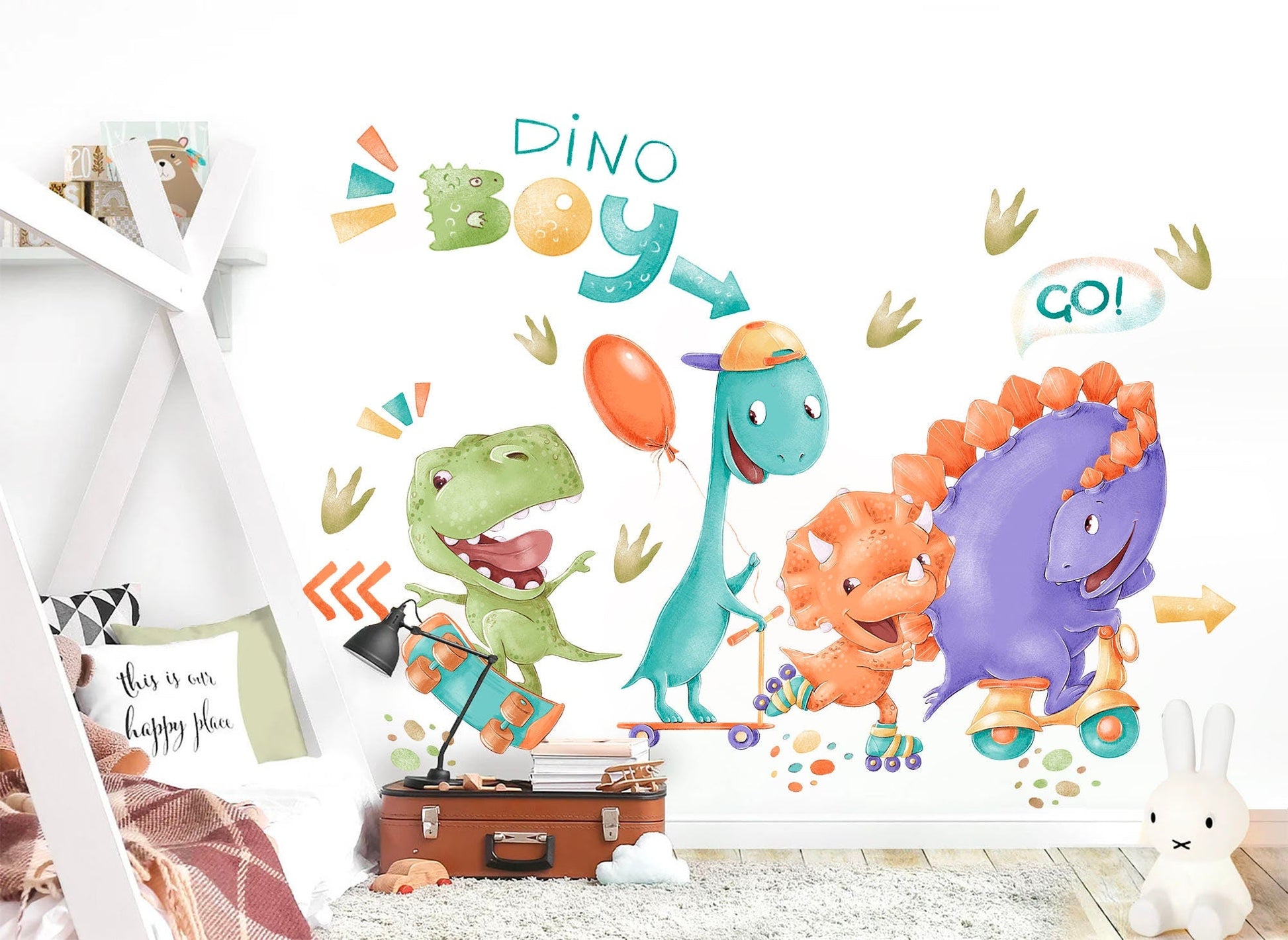 Watercolor Dinosaurs Riding Skateboards, Petals, Rollerblades, Mini Motorcycles Wall Decal - Boys Room Gift - BR164