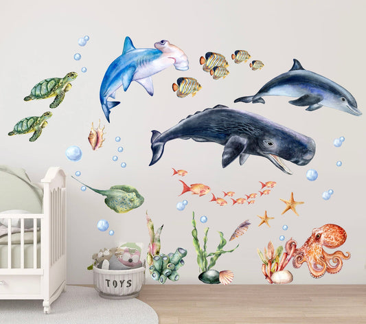 Enchanting Undersea Cartoon Wall Decal - Whales, Dolphins, Turtles, Octopuses - Perfect Watercolor Decor for Kids Rooms -  BR166