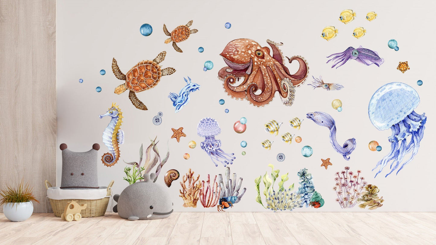 Enchanting Undersea World Cartoon Wall Decal - Whimsical Marine Creatures for Kids Room - BR174