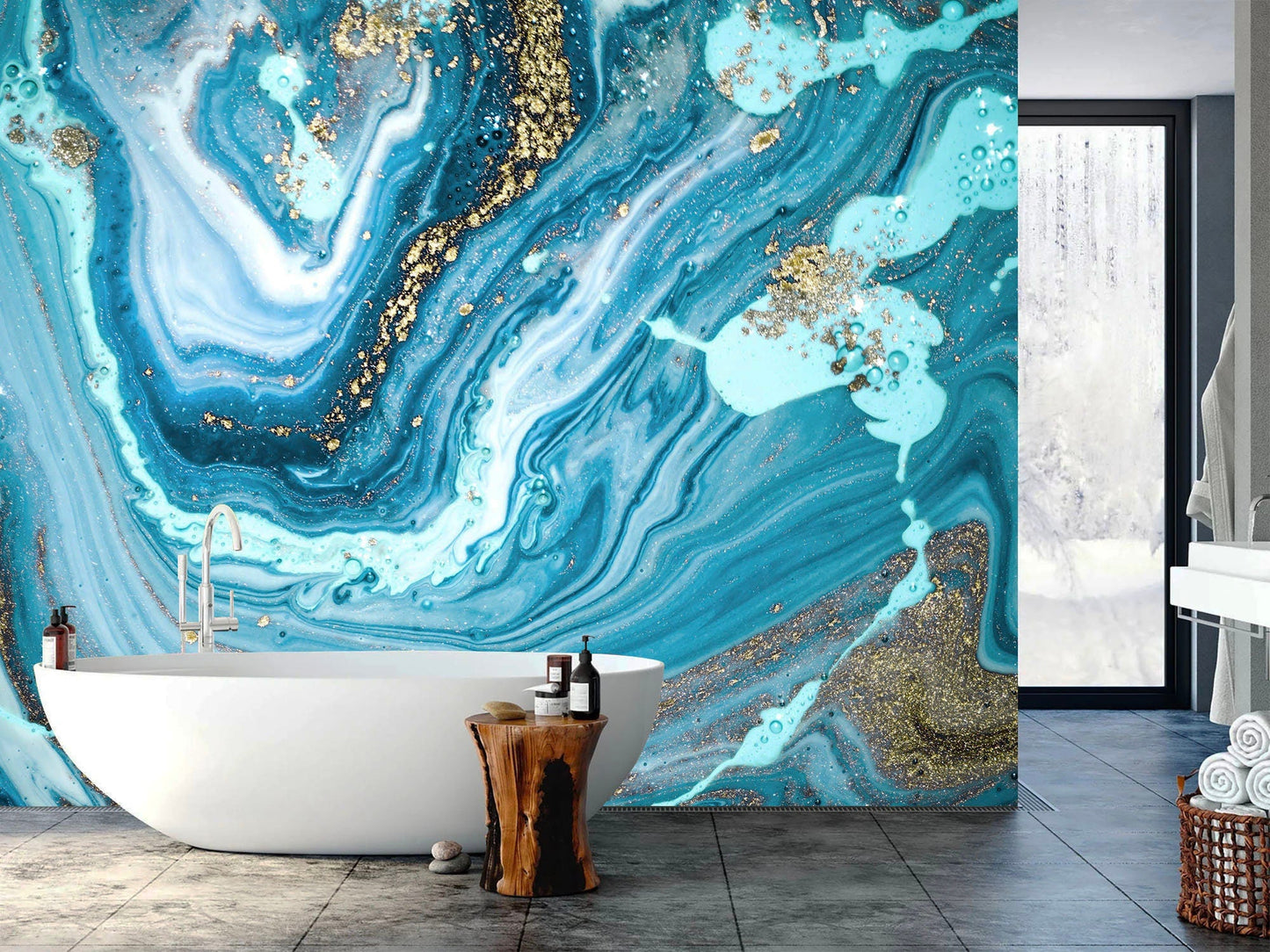 Abstract Marble Blue Gold Wall Art Print - Removable Wallpaper for Living Room Murals - WM017