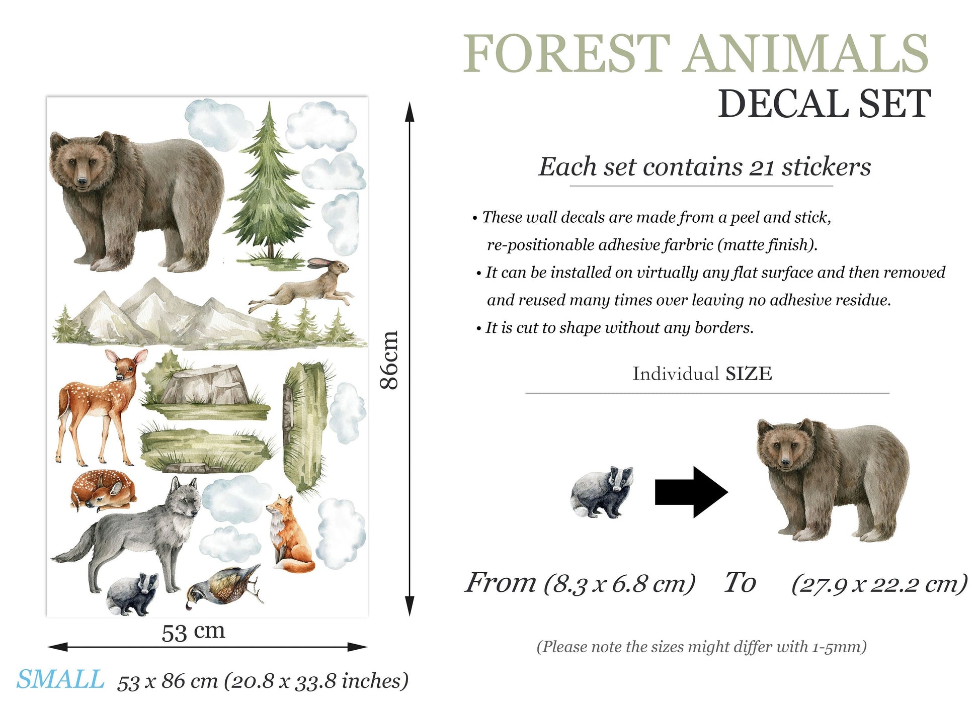 Woodland Forest Friends Wildlife Wall Decal - Bear Wolf Fox Rabbit Deer - BR179