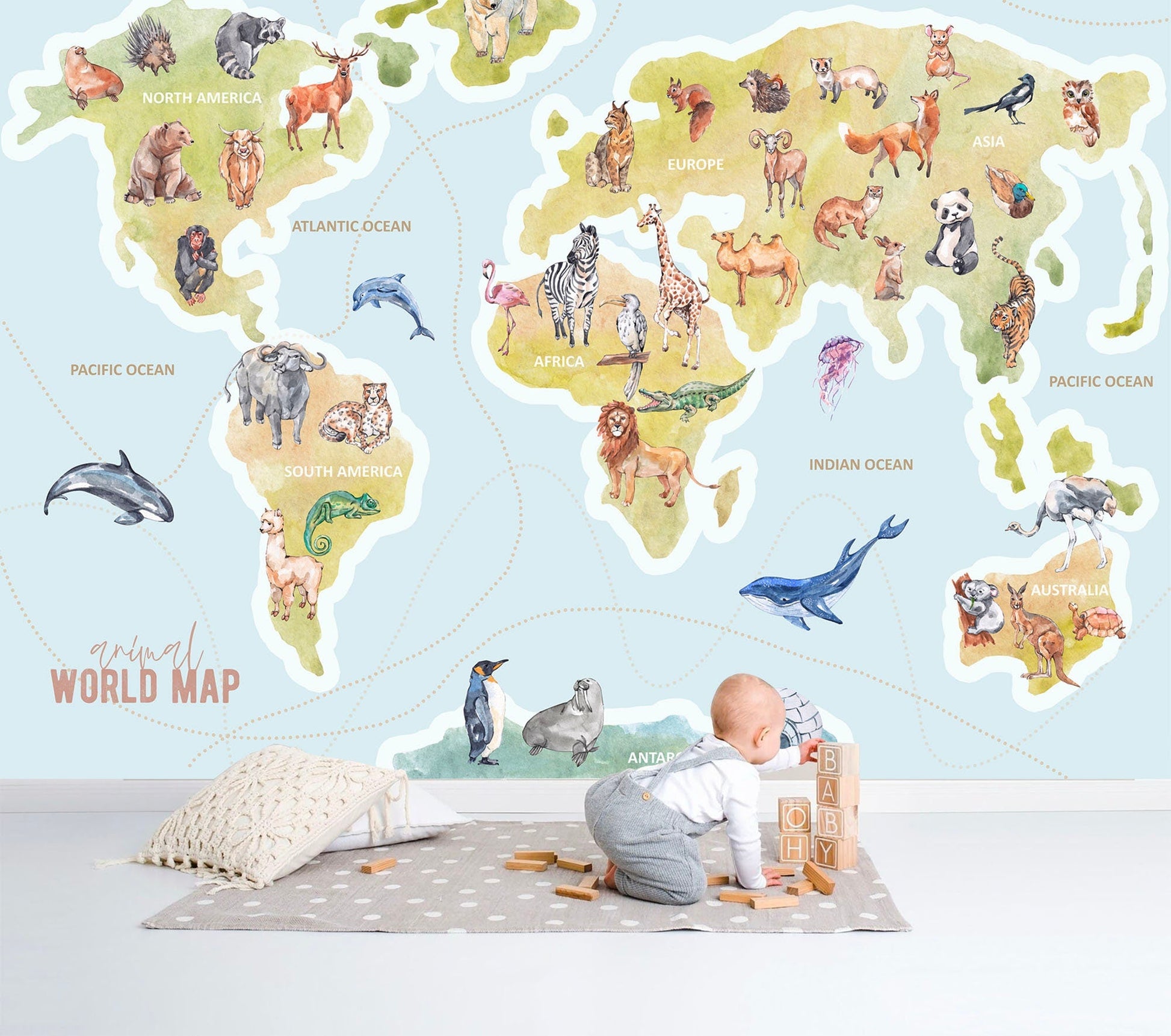 Educational World Map Peel and Stick Wall Mural - Famous Icons Animals and Continents - WM020