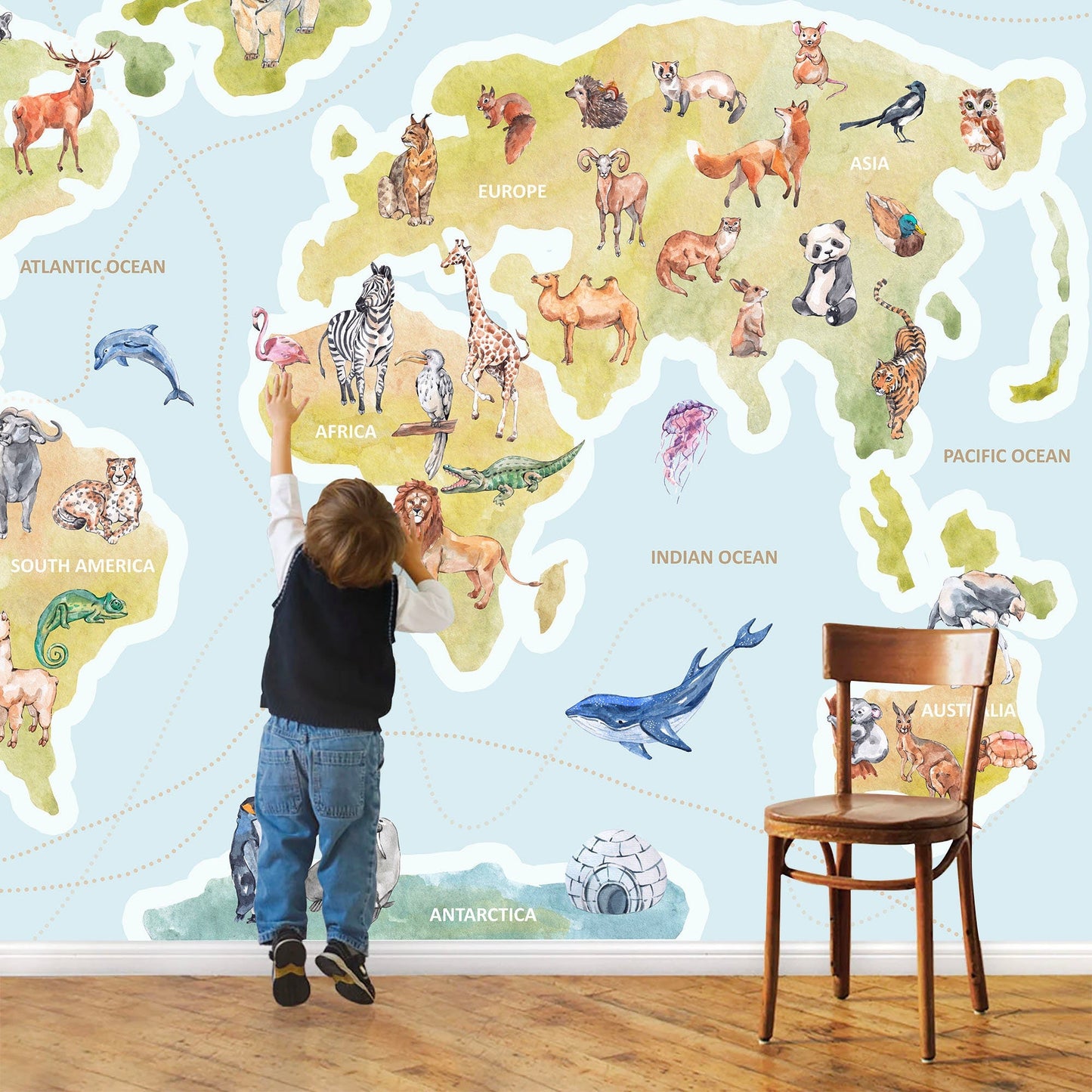 Educational World Map Peel and Stick Wall Mural - Famous Icons Animals and Continents - WM020
