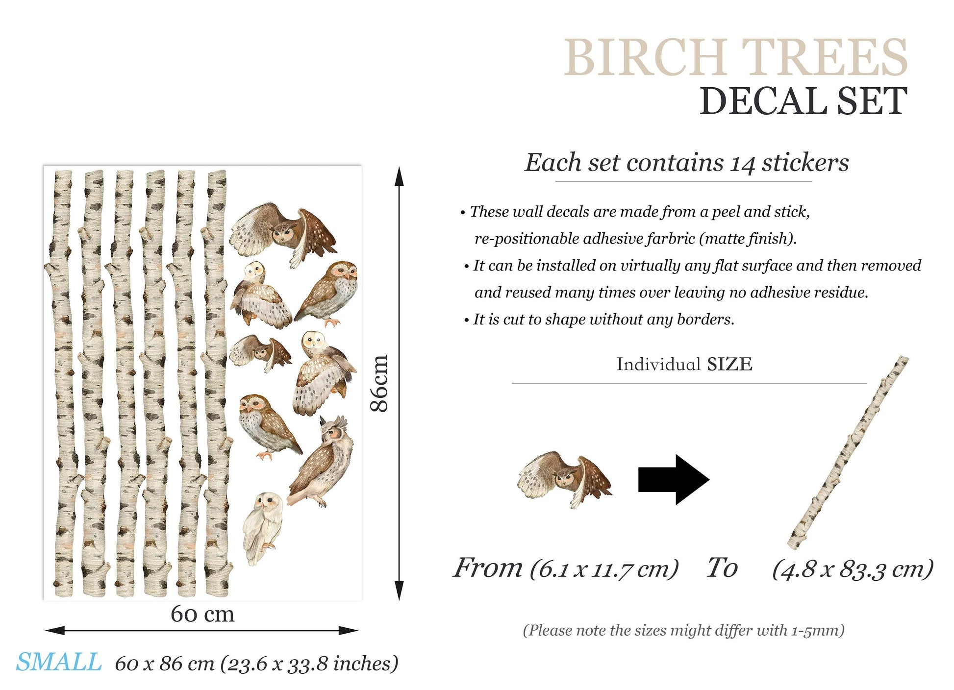Assorted Owl Perches on Branches Wall Decal - Removable Peel and Stick - BR173