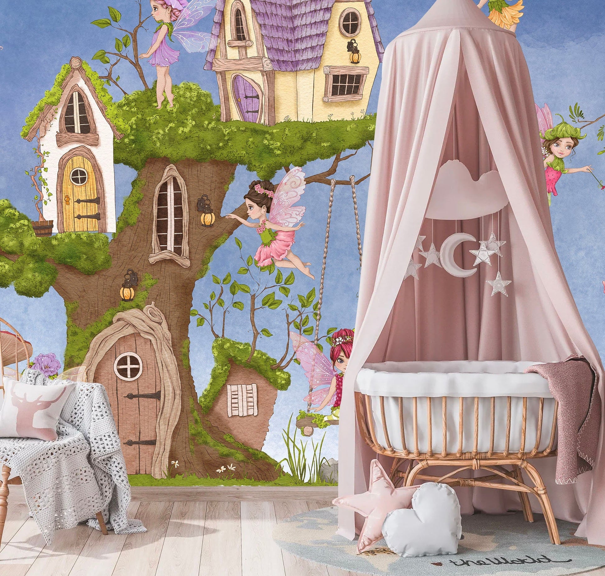 Flower Fairy Wings Tree House Wall Mural - Strawberry Mushroom Nursery Decor - Peel and Stick Fabric Wallpaper - WM021