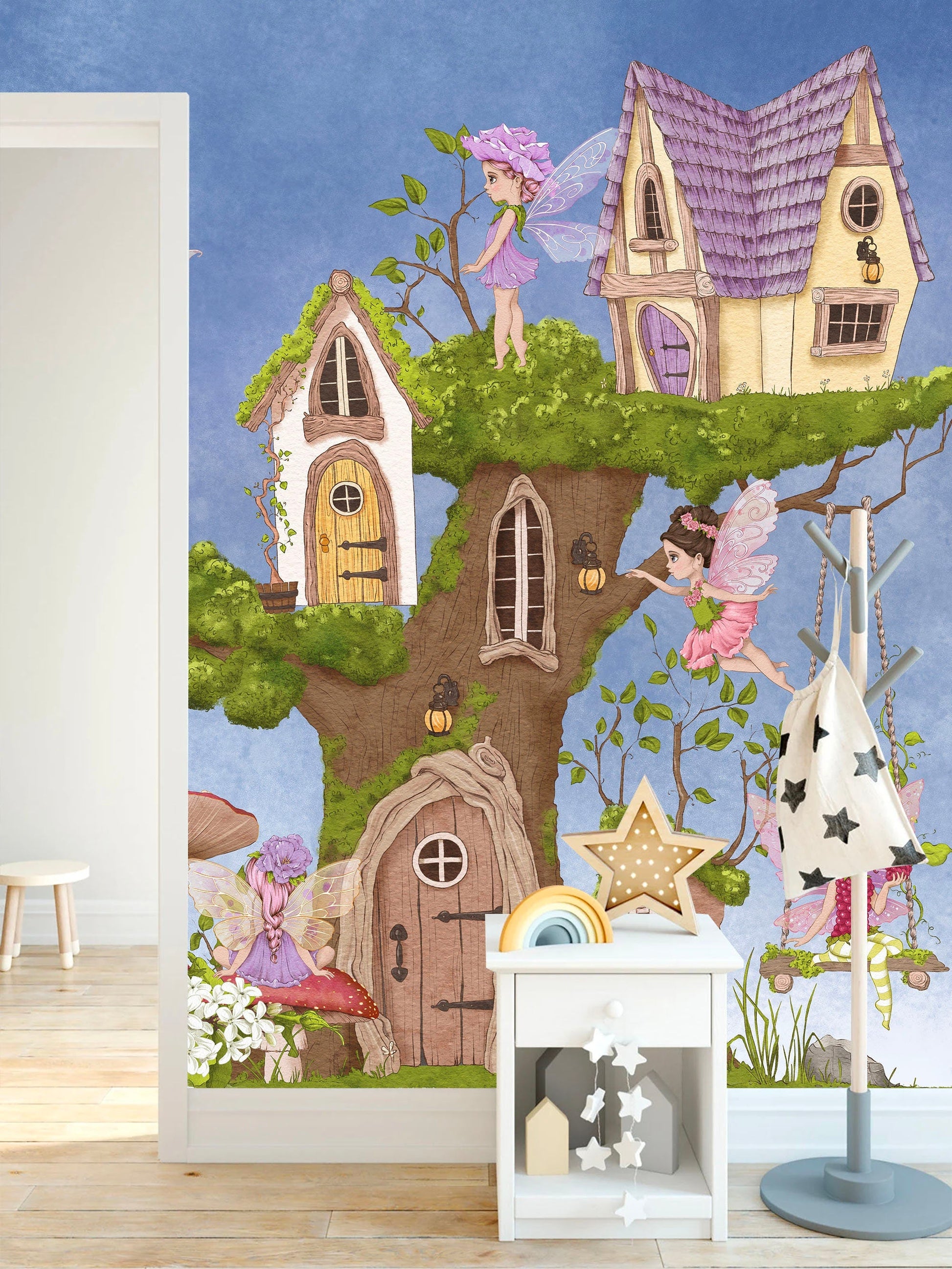Flower Fairy Wings Tree House Wall Mural - Strawberry Mushroom Nursery Decor - Peel and Stick Fabric Wallpaper - WM021
