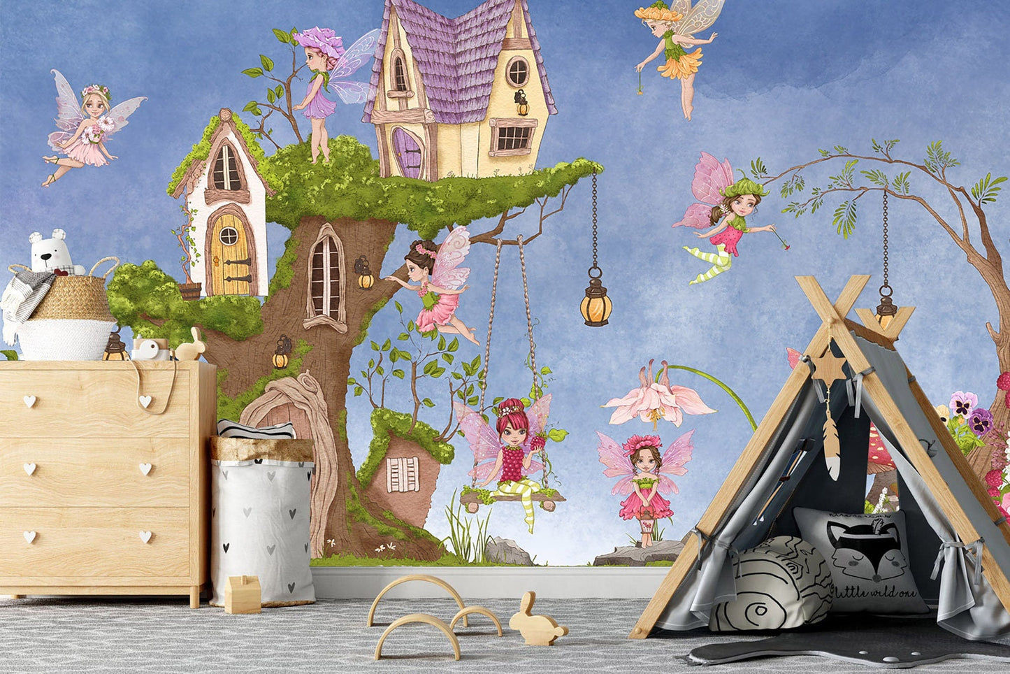 Flower Fairy Wings Tree House Wall Mural - Strawberry Mushroom Nursery Decor - Peel and Stick Fabric Wallpaper - WM021