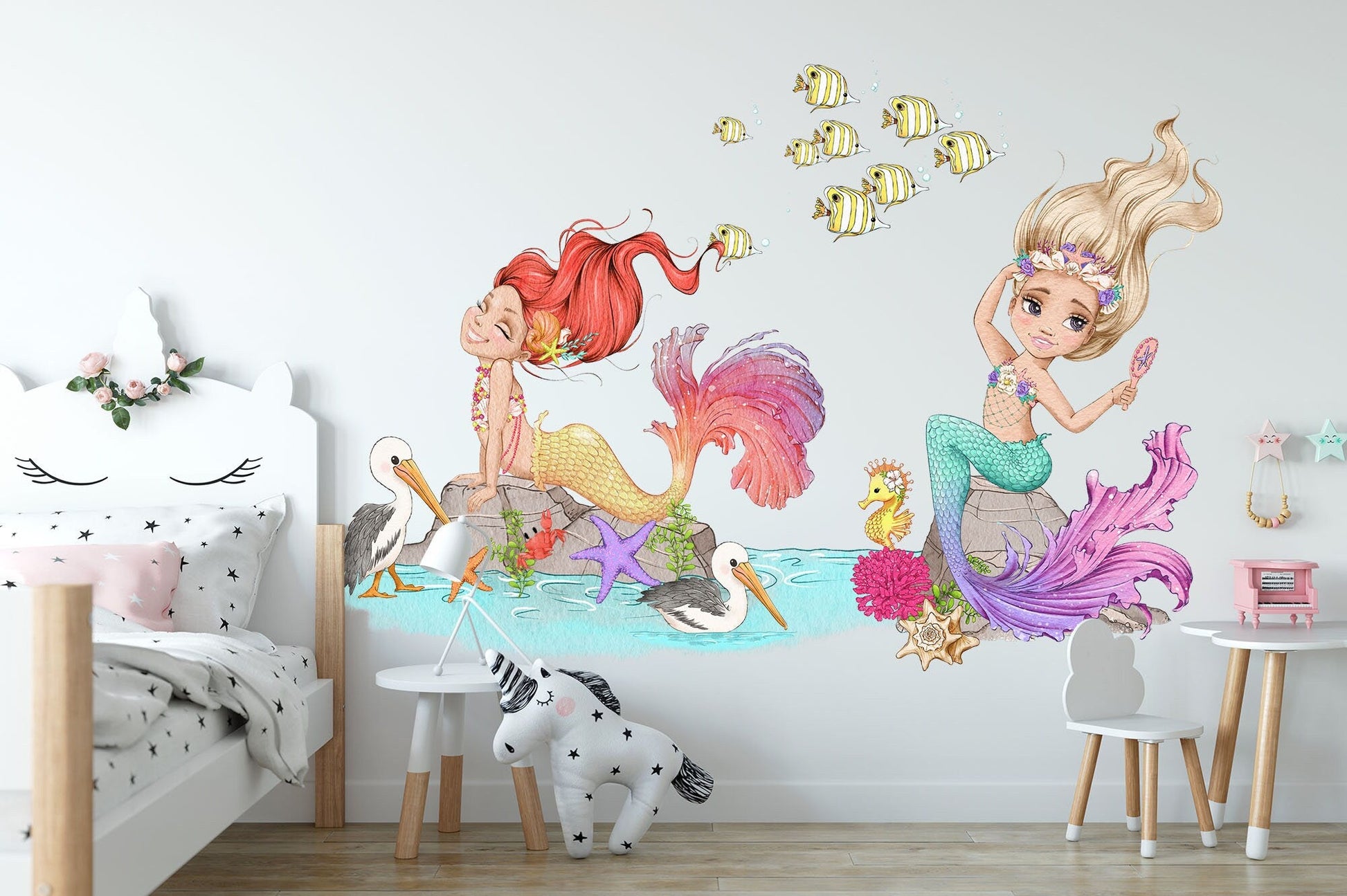 Dreamy Mermaid Shoreline Wall Mural - Beautiful Princess, Seabirds & Fish - Create a Serene Ambiance in Girls' Bedrooms - BR185