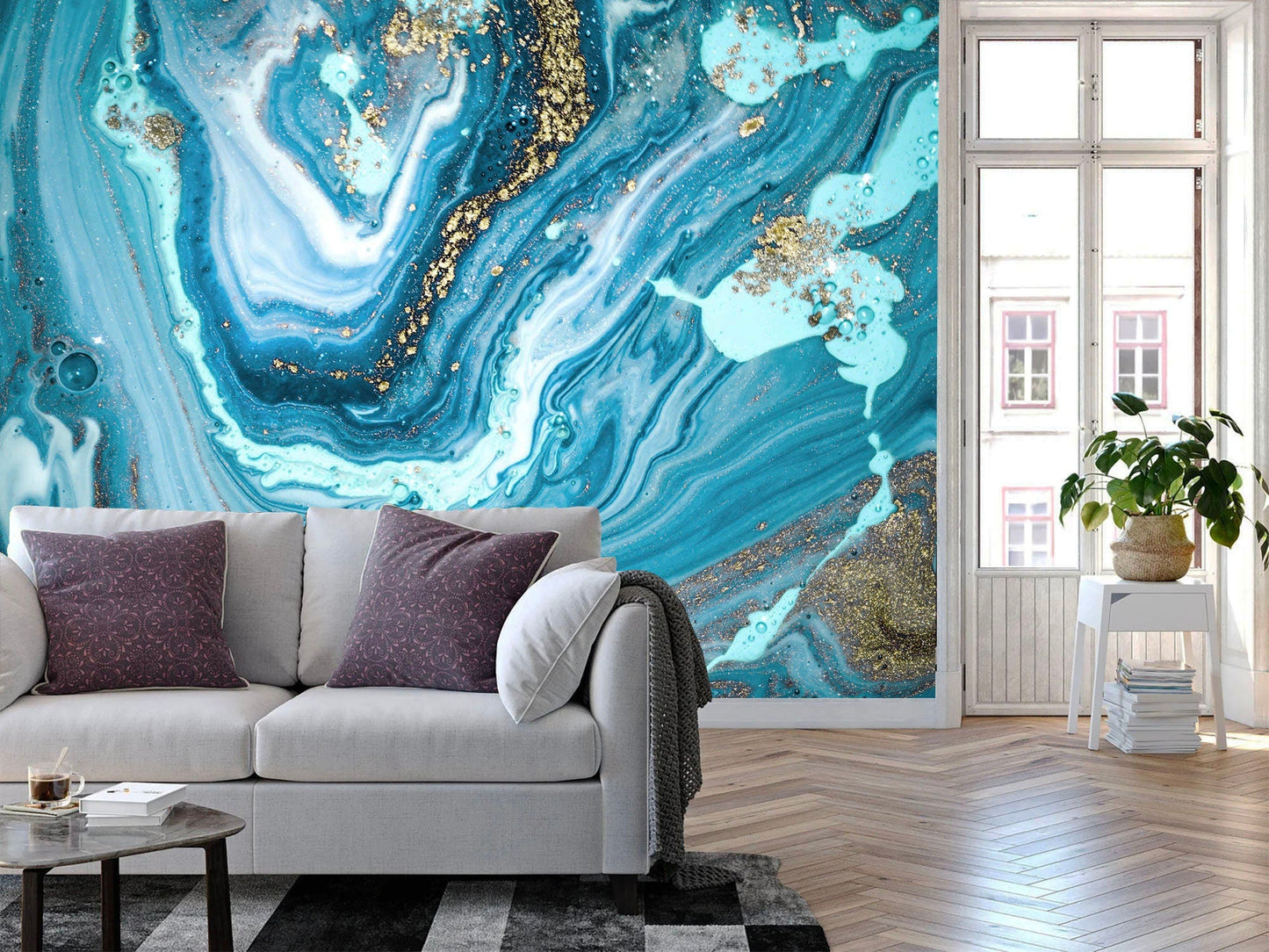Abstract Marble Blue Gold Wall Art Print - Removable Wallpaper for Living Room Murals - WM017