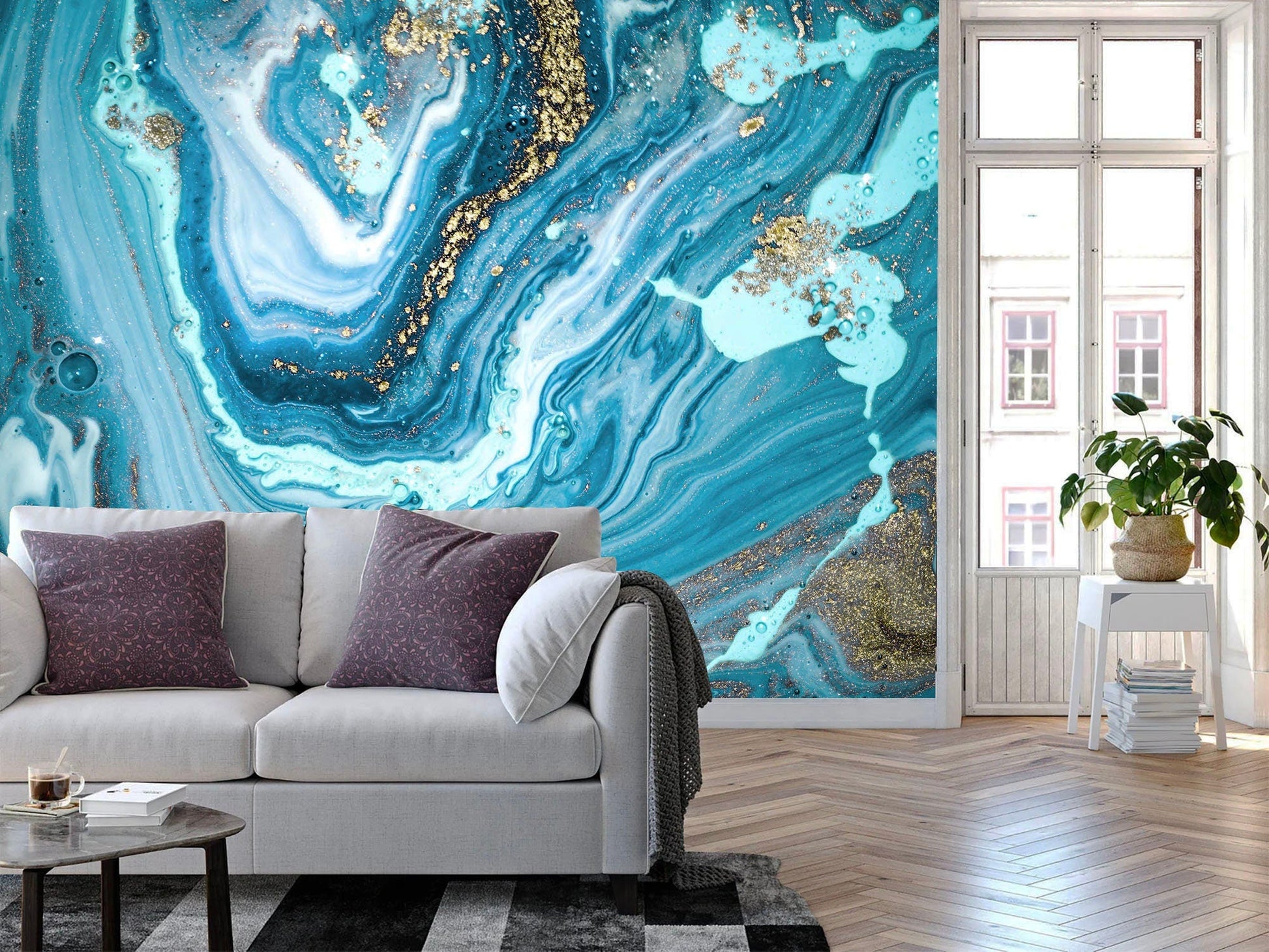Abstract Marble Blue Gold Wall Art Print - Removable Wallpaper for Living Room Murals - WM017