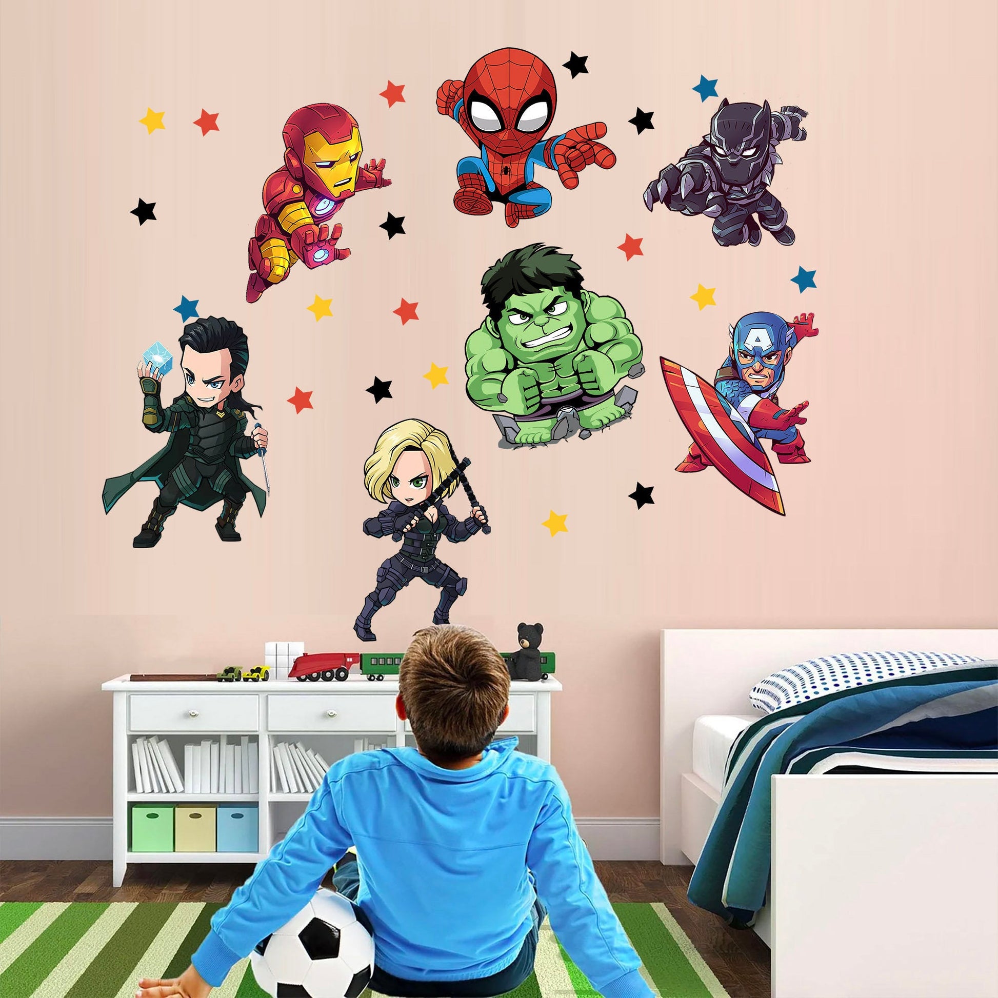Cartoon Marvel World Avengers Superhero Wall Decal - Thor Hulk Spiderman Iron Man Captain America