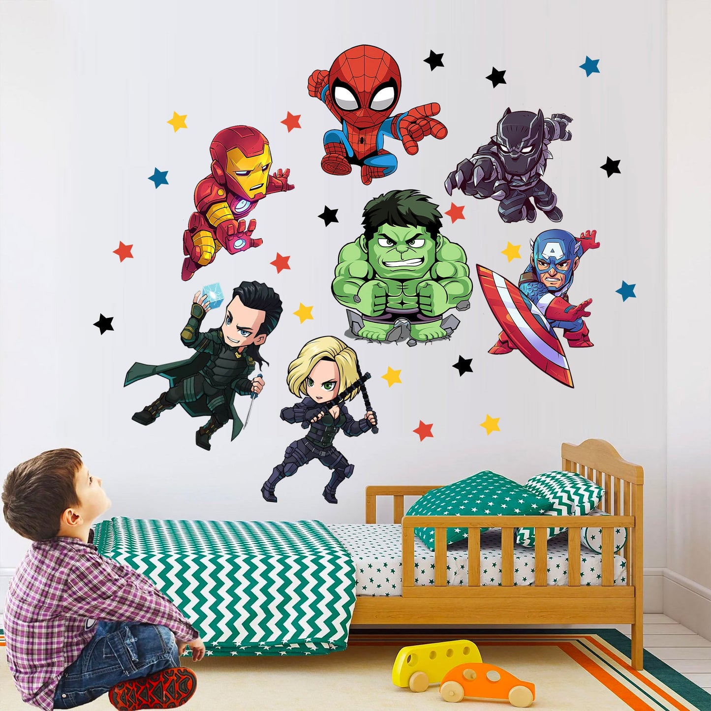 Cartoon Marvel World Avengers Superhero Wall Decal - Thor Hulk Spiderman Iron Man Captain America