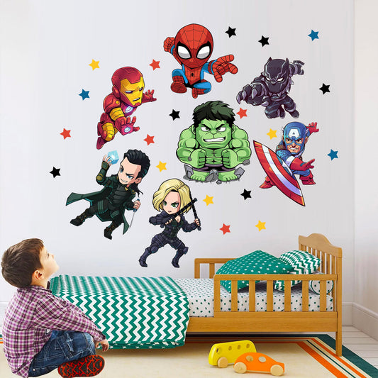 Cartoon Marvel World Avengers Superhero Wall Decal - Thor Hulk Spiderman Iron Man Captain America