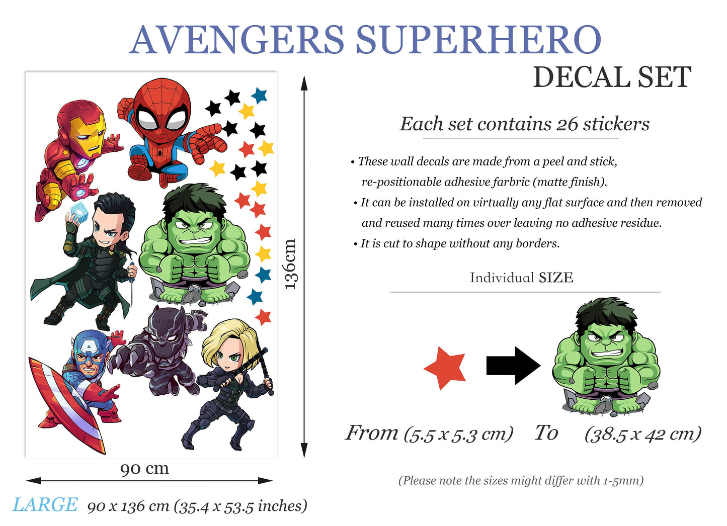 Cartoon Marvel World Avengers Superhero Wall Decal - Thor Hulk Spiderman Iron Man Captain America