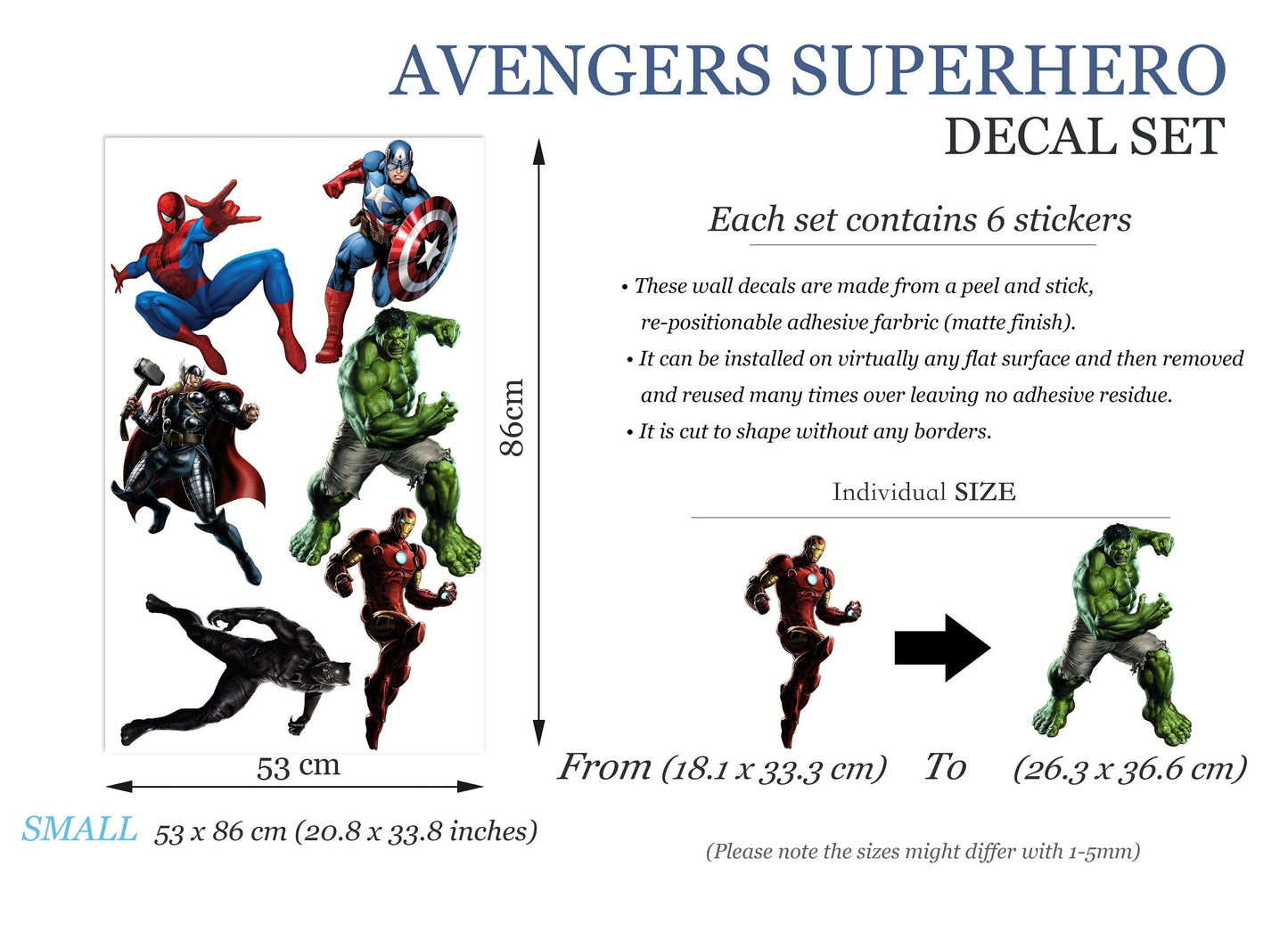 Superhero Hulk Spiderman Iron Man Captain America Avengers Thor Panther Wall Decal - Boys Room Decoration