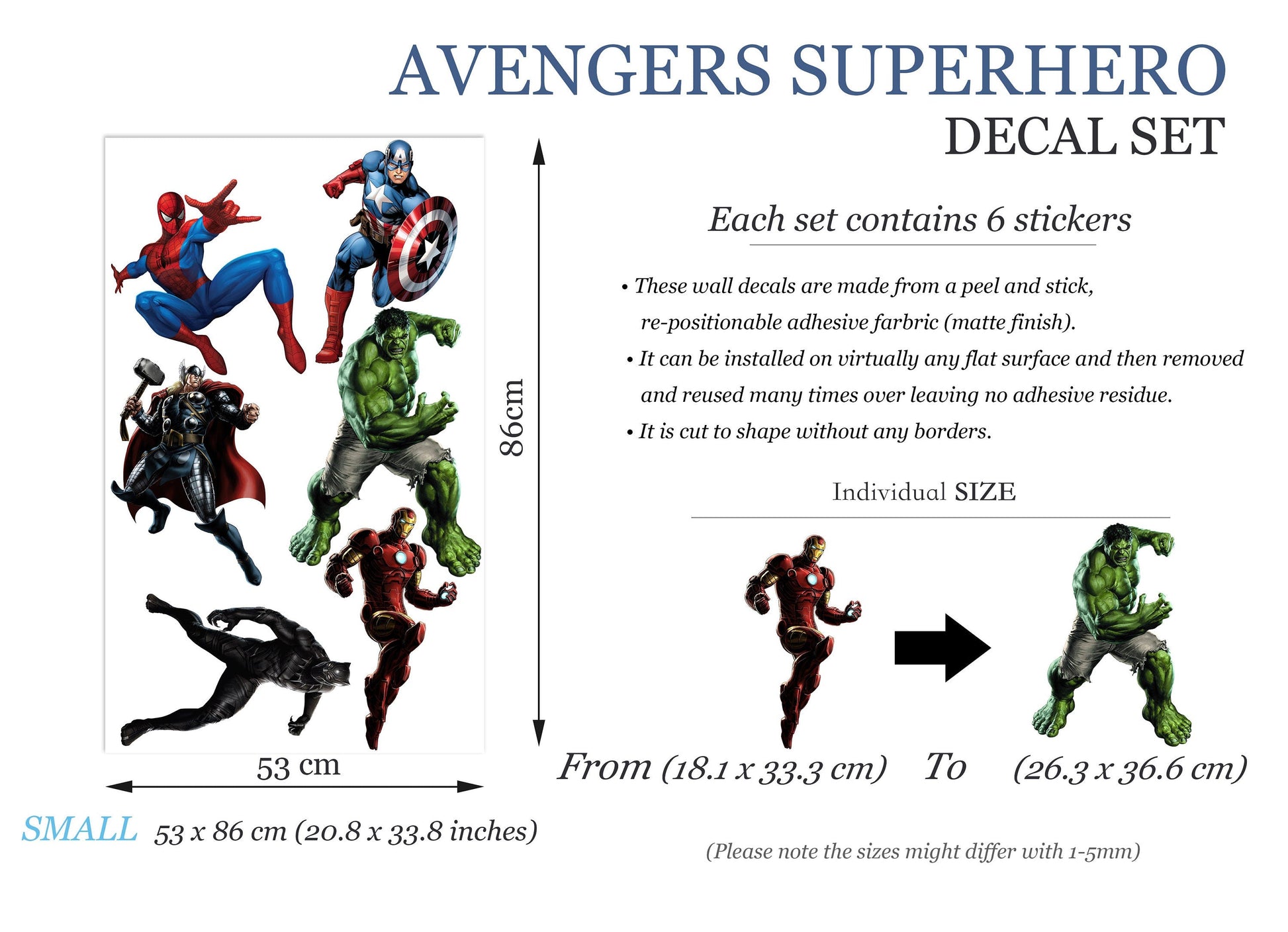 Superhero Hulk Spiderman Iron Man Captain America Avengers Thor Panther Wall Decal - Boys Room Decoration