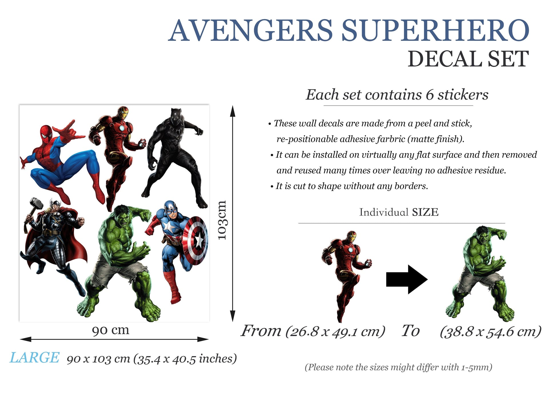 Superhero Hulk Spiderman Iron Man Captain America Avengers Thor Panther Wall Decal - Boys Room Decoration