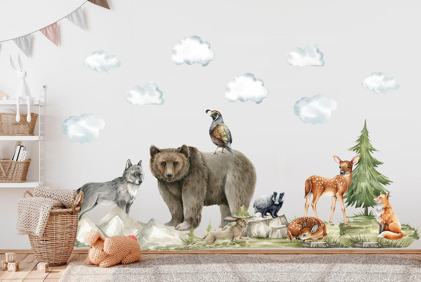 Woodland Forest Friends Wildlife Wall Decal - Bear Wolf Fox Rabbit Deer - BR179