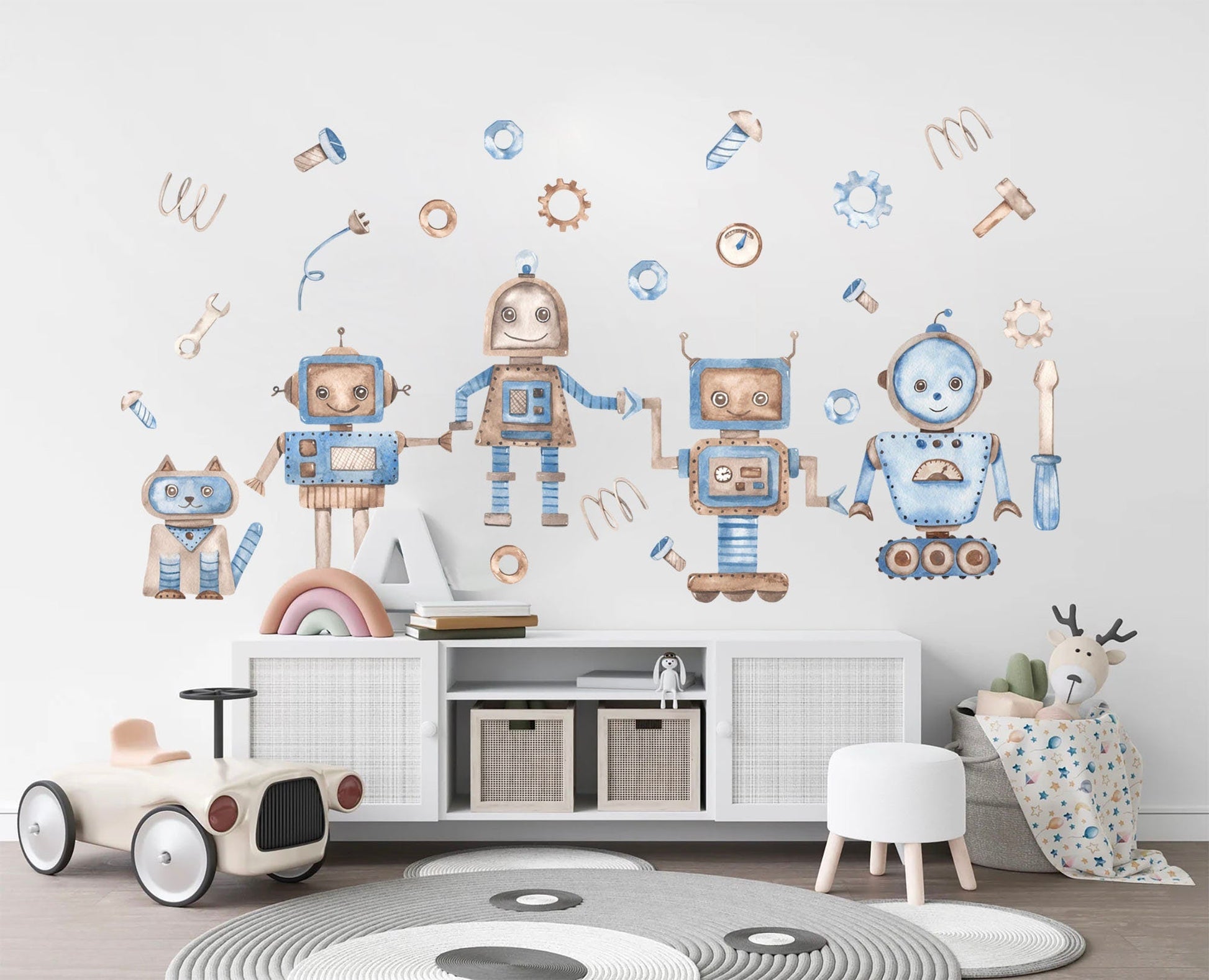 Watercolor Robot and Mechanical Cat Automation Removable Boys Wall Decal - BR199