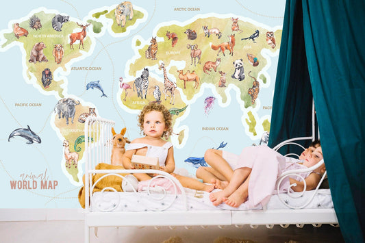 Educational World Map Peel and Stick Wall Mural - Famous Icons Animals and Continents - WM020