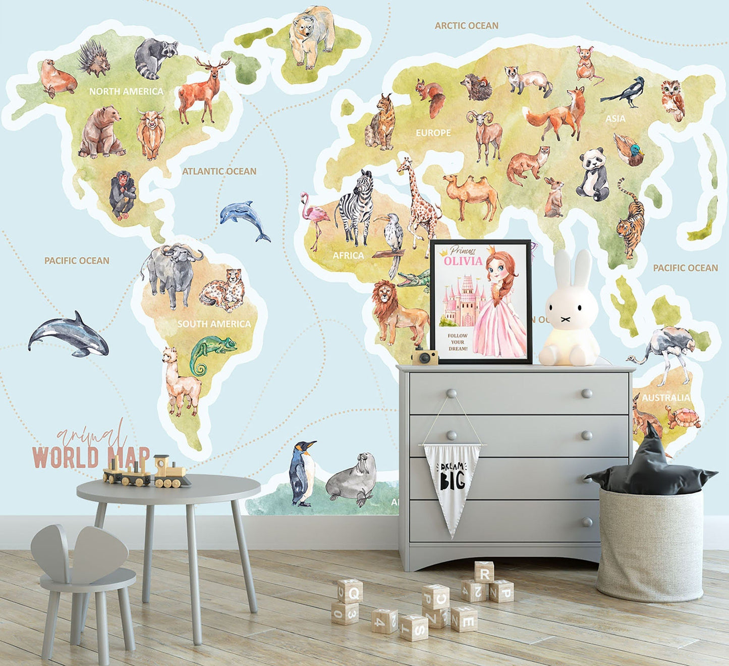 Educational World Map Peel and Stick Wall Mural - Famous Icons Animals and Continents - WM020