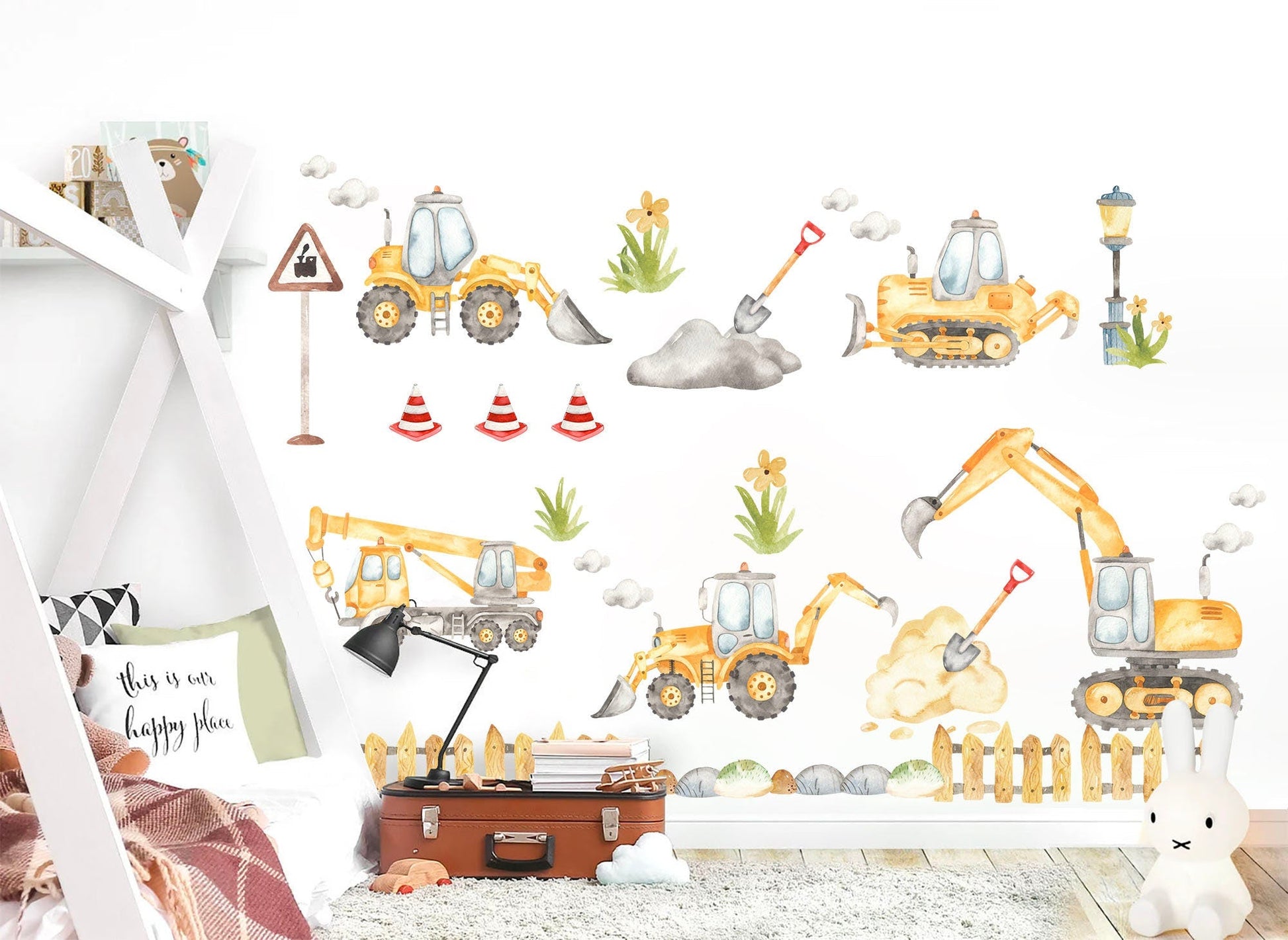 Yellow Construction Machinery Engineering Construction Vehicle Crane Trucks Removable Wall Decal Boys Room Gift - BR187
