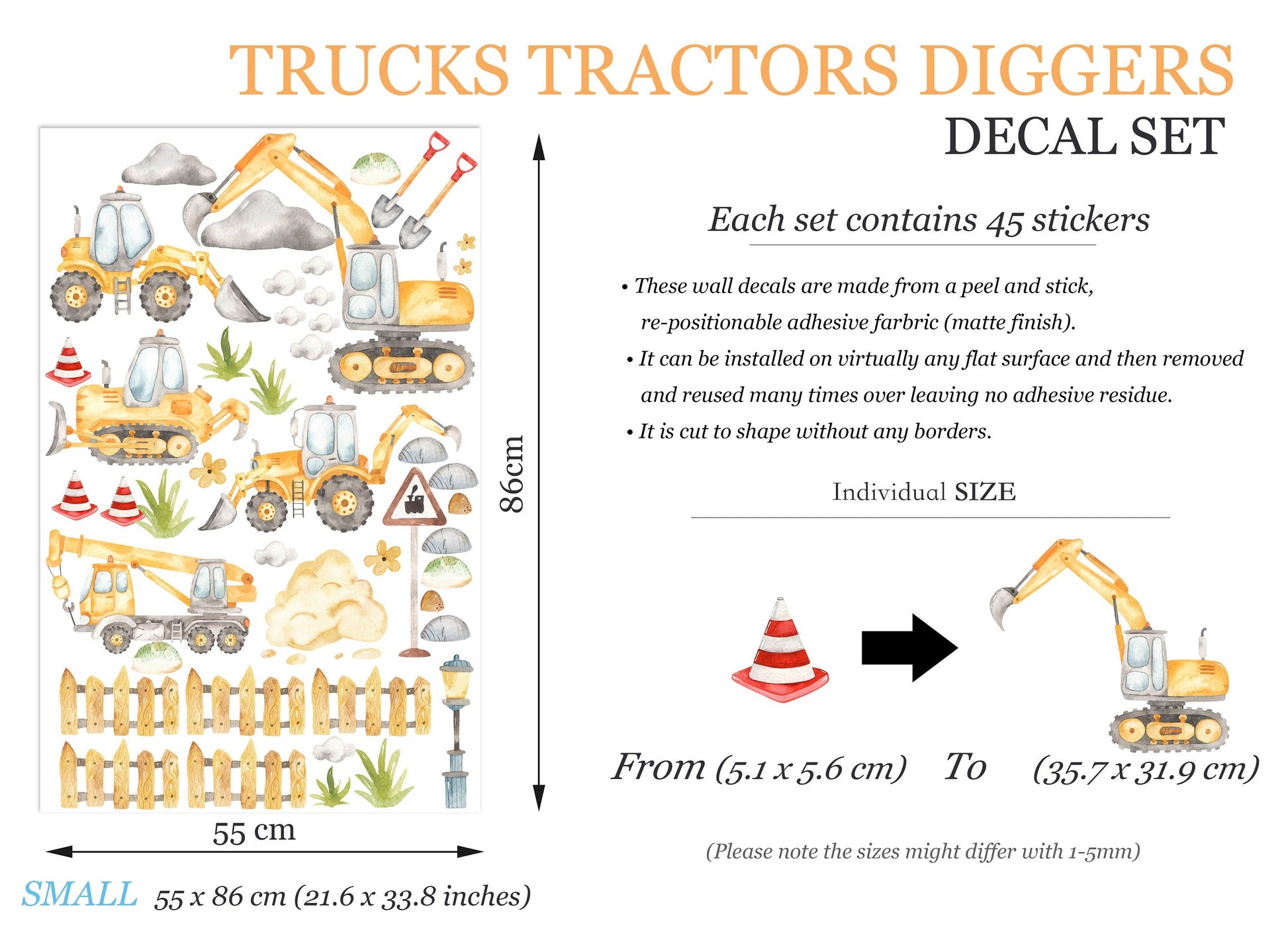 Yellow Construction Machinery Engineering Construction Vehicle Crane Trucks Removable Wall Decal Boys Room Gift - BR187