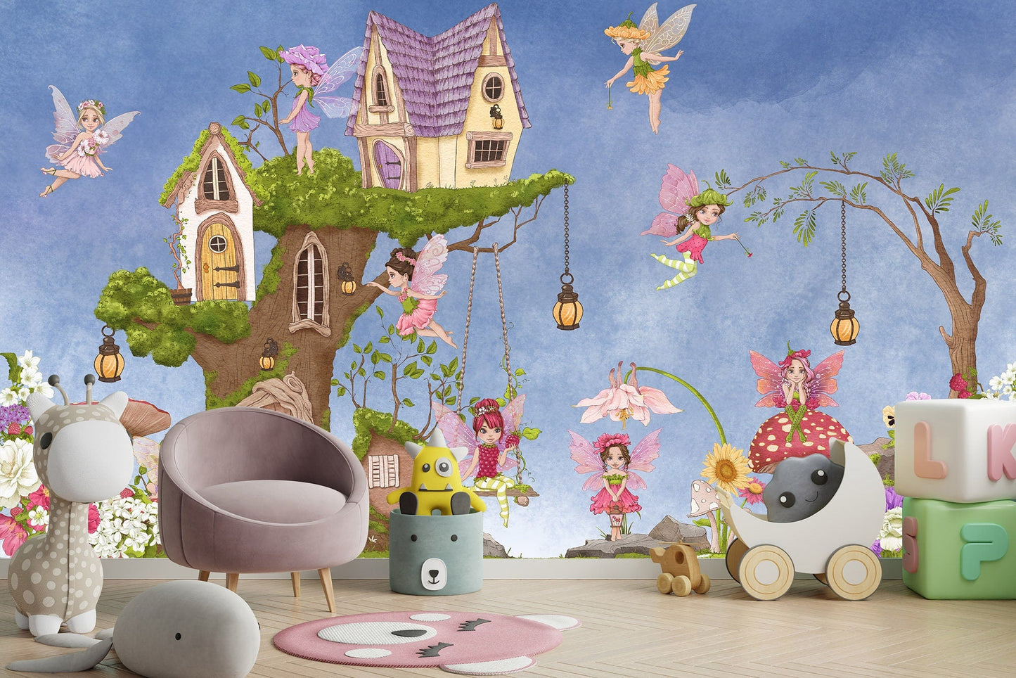 Flower Fairy Wings Tree House Wall Mural - Strawberry Mushroom Nursery Decor - Peel and Stick Fabric Wallpaper - WM021