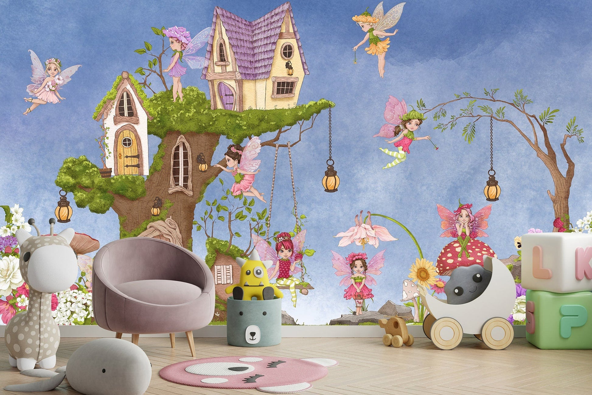 Flower Fairy Wings Tree House Wall Mural - Strawberry Mushroom Nursery Decor - Peel and Stick Fabric Wallpaper - WM021