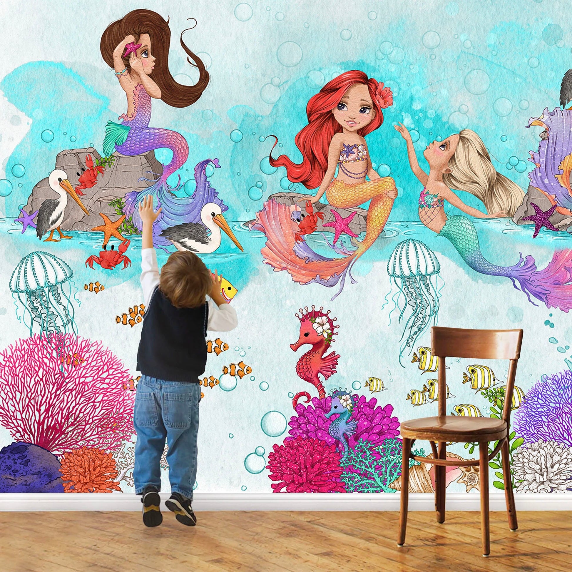 Mermaid and Jellyfish Nursery Wall Mural - Fabric Wallpaper with Seahorse Coral and Pelican Designs - WM022