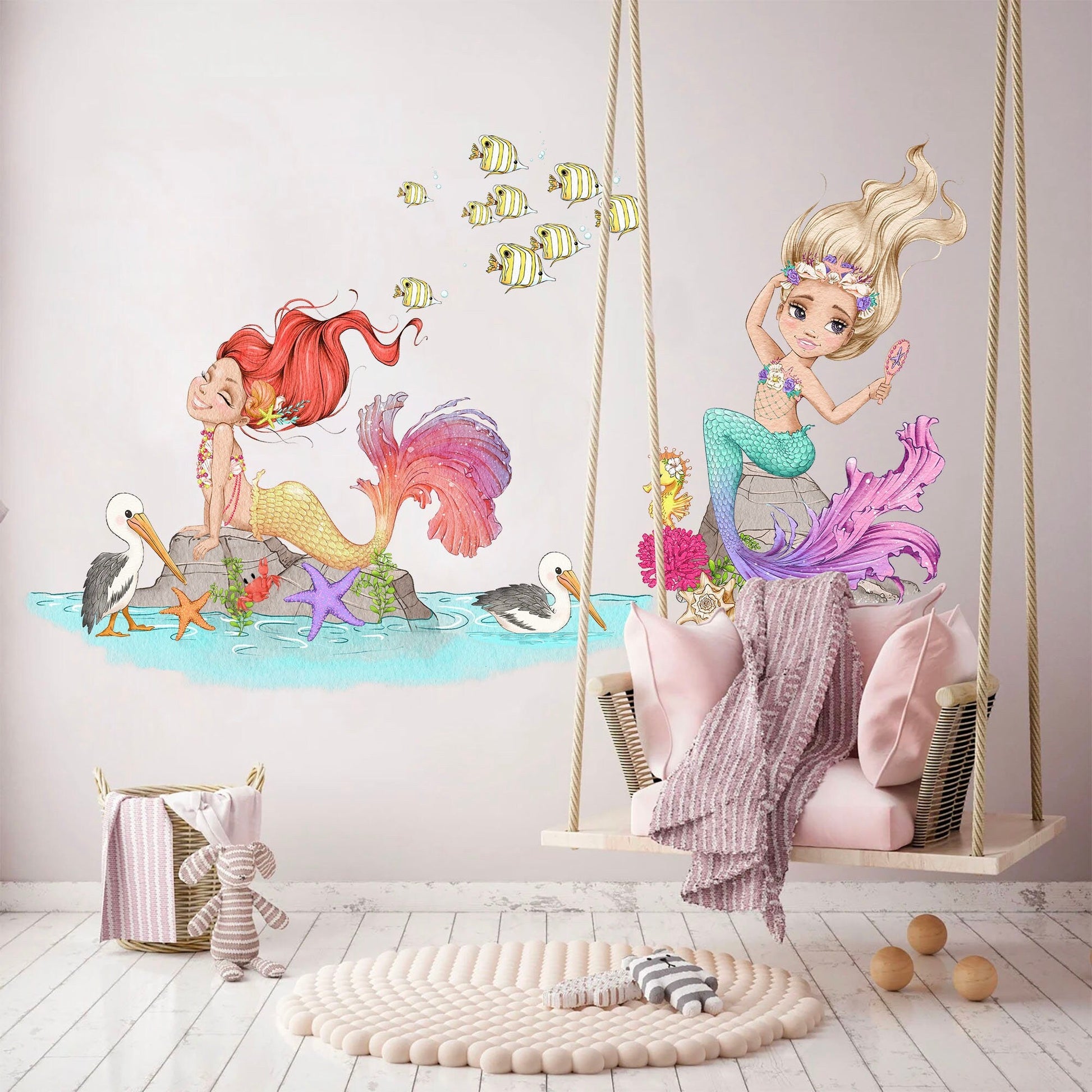 Dreamy Mermaid Shoreline Wall Mural - Beautiful Princess, Seabirds & Fish - Create a Serene Ambiance in Girls' Bedrooms - BR185