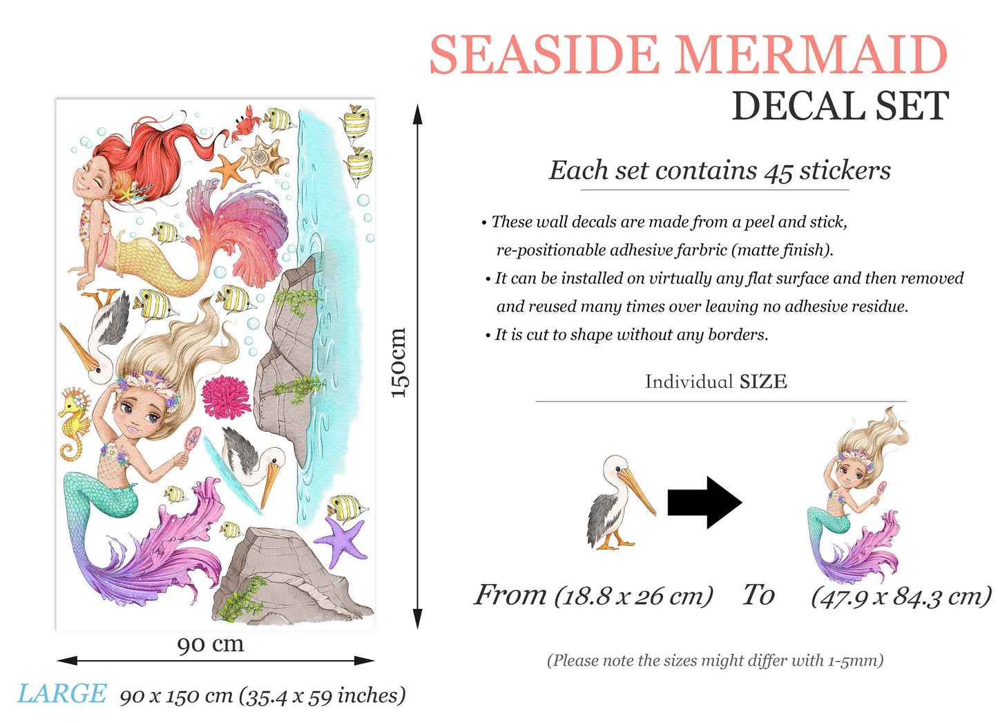Dreamy Mermaid Shoreline Wall Mural - Beautiful Princess, Seabirds & Fish - Create a Serene Ambiance in Girls' Bedrooms - BR185