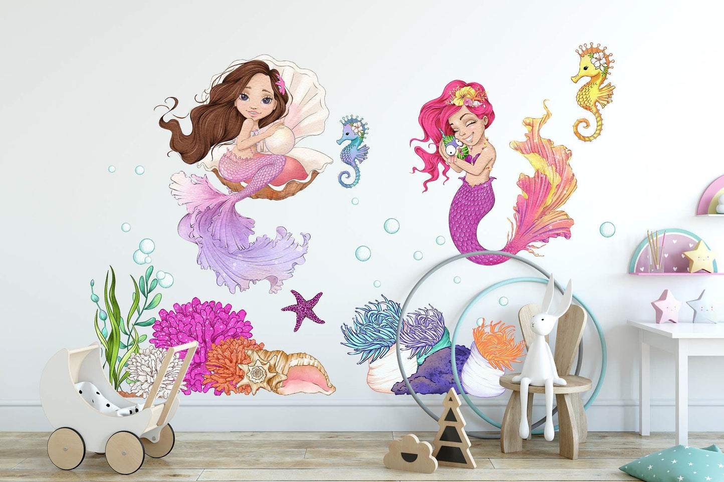 Whimsical Undersea Mermaid Princess Wall Art - Charming Mermaid, Seahorses & Ocean Life - Enhance Your Girl's Room Decor - BR189