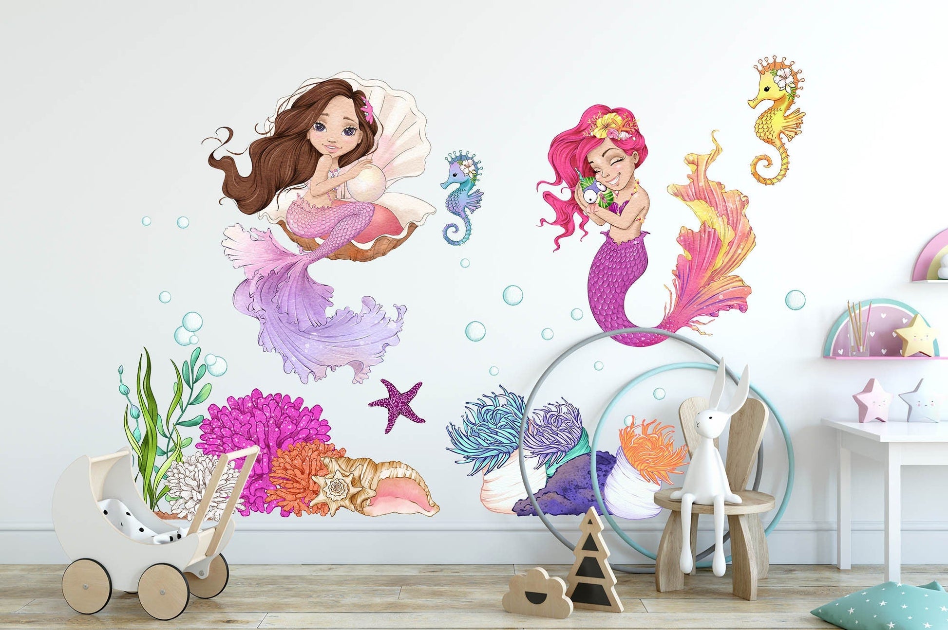 Whimsical Undersea Mermaid Princess Wall Art - Charming Mermaid, Seahorses & Ocean Life - Enhance Your Girl's Room Decor - BR189