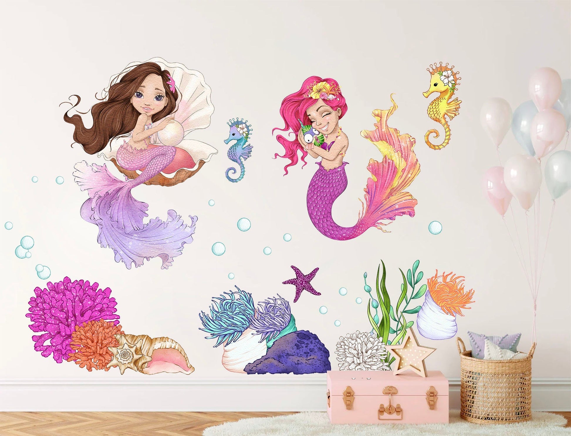 Whimsical Undersea Mermaid Princess Wall Art - Charming Mermaid, Seahorses & Ocean Life - Enhance Your Girl's Room Decor - BR189
