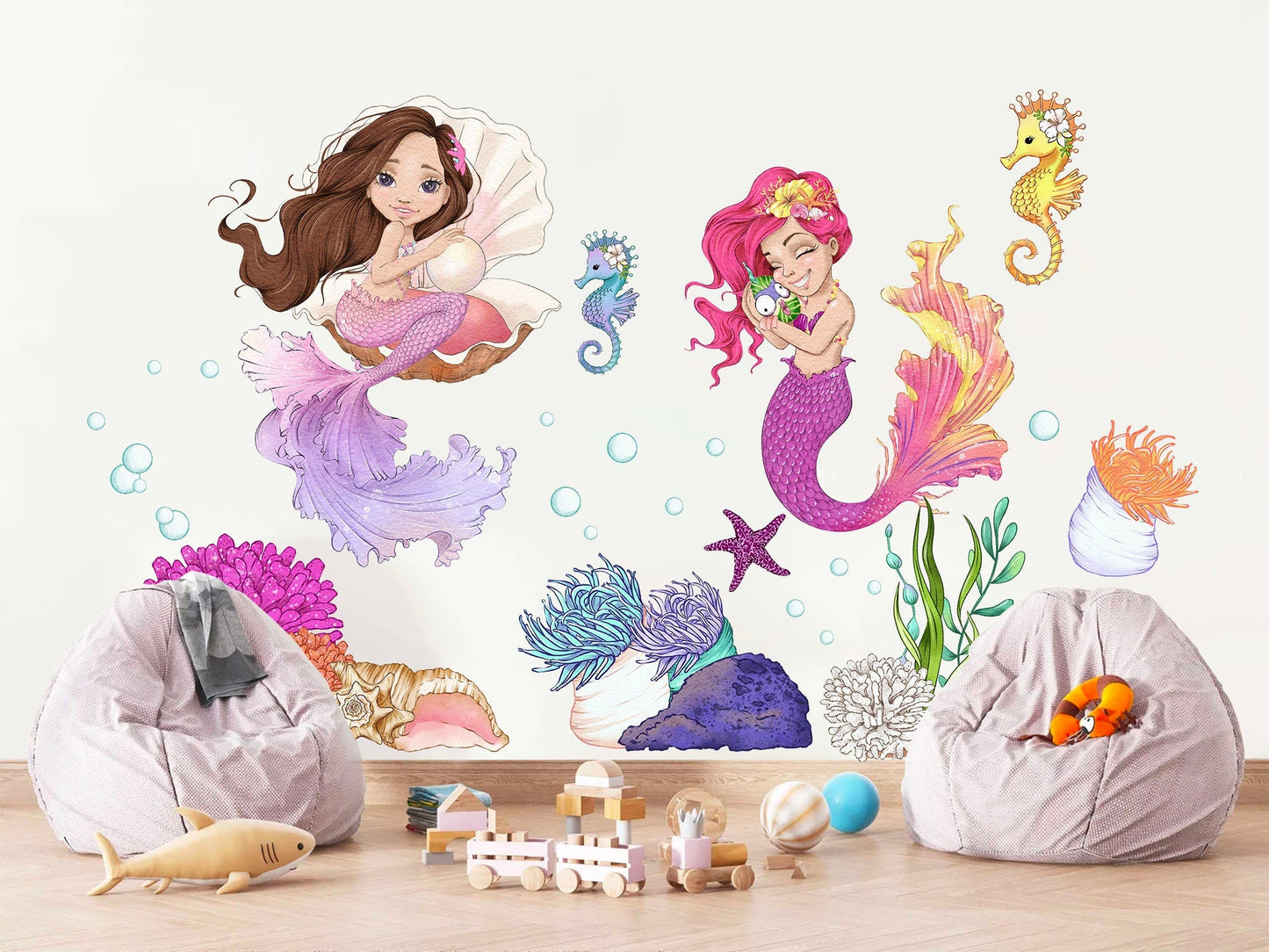 Whimsical Undersea Mermaid Princess Wall Art - Charming Mermaid, Seahorses & Ocean Life - Enhance Your Girl's Room Decor - BR189