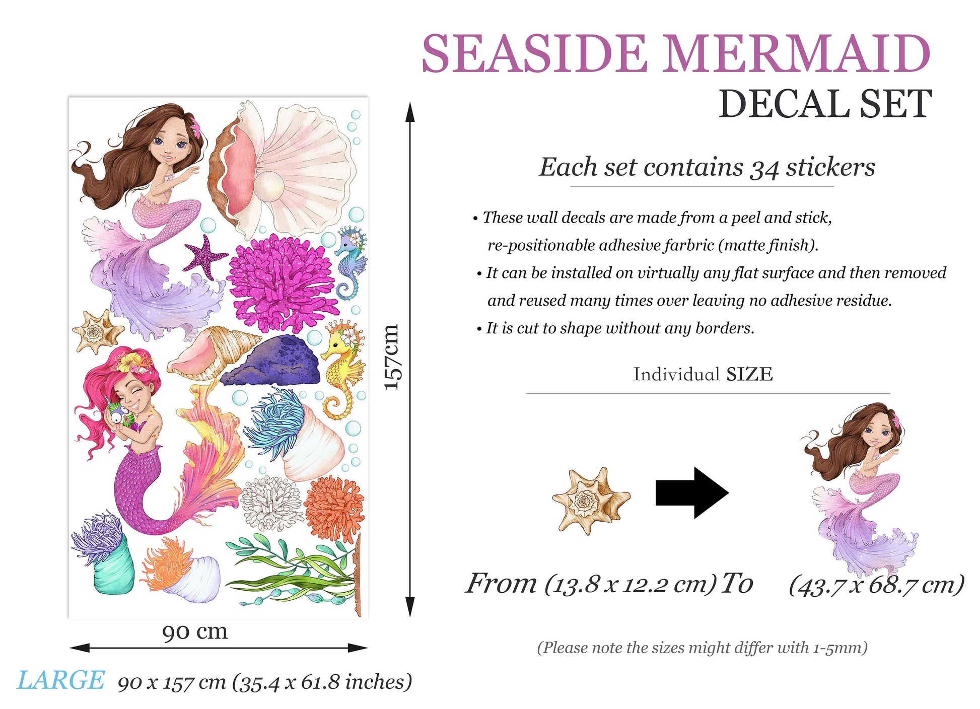 Whimsical Undersea Mermaid Princess Wall Art - Charming Mermaid, Seahorses & Ocean Life - Enhance Your Girl's Room Decor - BR189